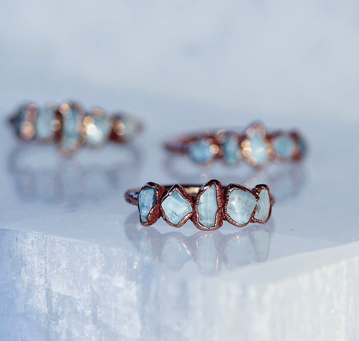 Aquamarine Multi Stone Ring, Delicate Aquamarine Ring, Stackable Aquamarine Band, Unique Aquamarine Ring, March Birthstone Ring, Copper Ring