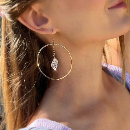 Big Boho Hoops, Handmade Hammered Hoops, Gold Filled Hoop Earrings, Herkimer Diamond Hoops, Gemstone Earrings, Raw Crystal Carrings