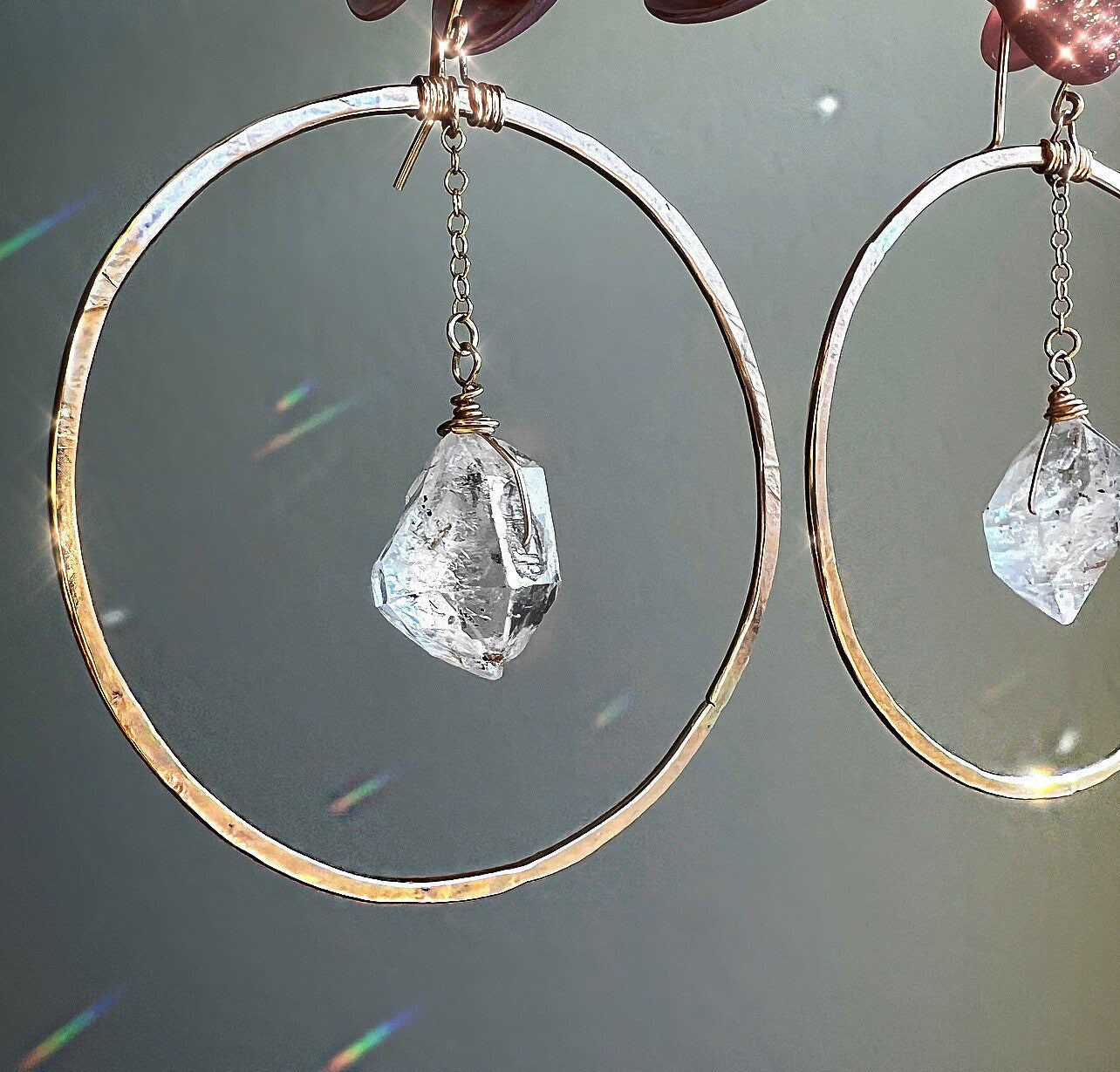 Selling Raw Herkimer Diamond Gold Hoop Earrings - Handmade Gifts For Her - Birthstone Jewelry - Amethyst Pendant - Gift For Sister - Big Gold Hoops