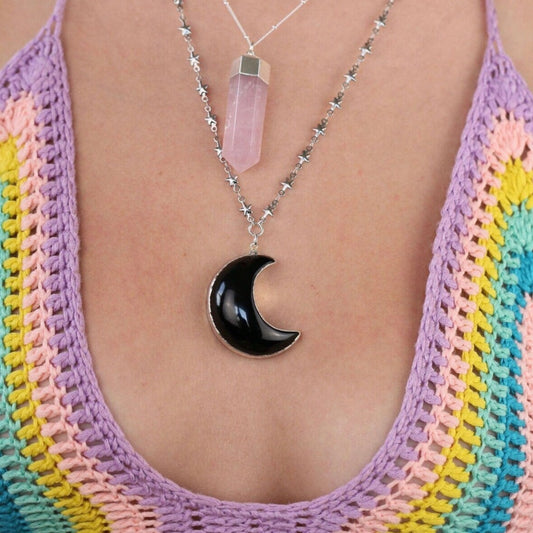 Black Moon Necklace, Huge Moon Pendant, Black Onyx Crystal Pendant, Big Crystal Moon Necklace, Moon and Star Necklace, Witchy Stone Necklace