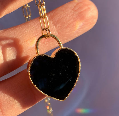 Black Onyx Heart Necklace, Heart Lock Necklace, Heart Shaped Pendant, Black Heart Pendant, Love Stone Necklace, Onyx Gemstone Necklace