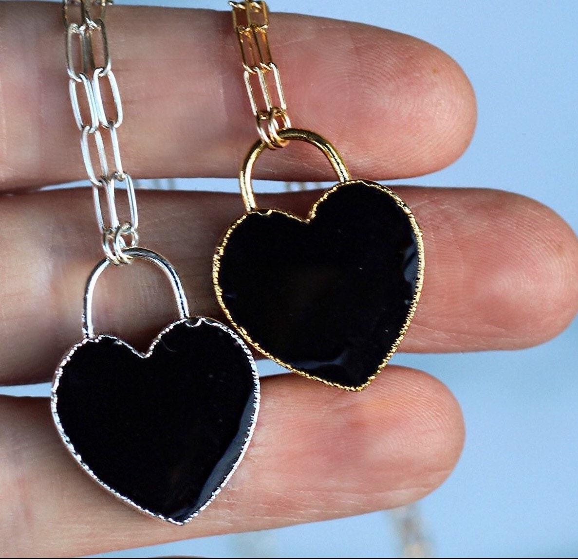 Black Onyx Heart Necklace, Heart Lock Necklace, Heart Shaped Pendant, Black Heart Pendant, Love Stone Necklace, Onyx Gemstone Necklace