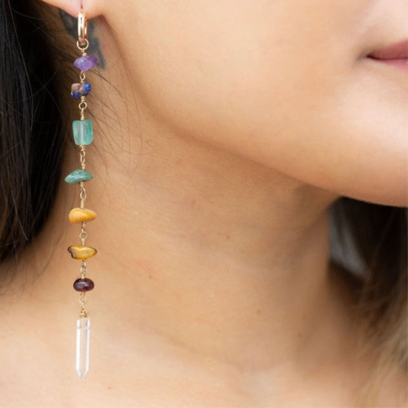 7 Chakra Gemstone Huggie Duster Earrings in 14k Gold Filled or Sterling Silver- Earthy Stones