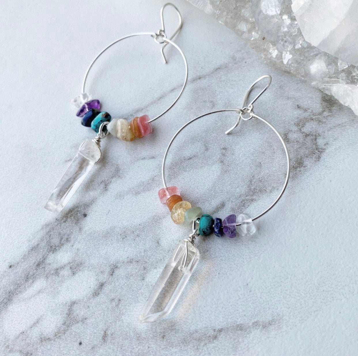 Chakra stone hoop earrings- 7 natural gemstones- crystal quartz point