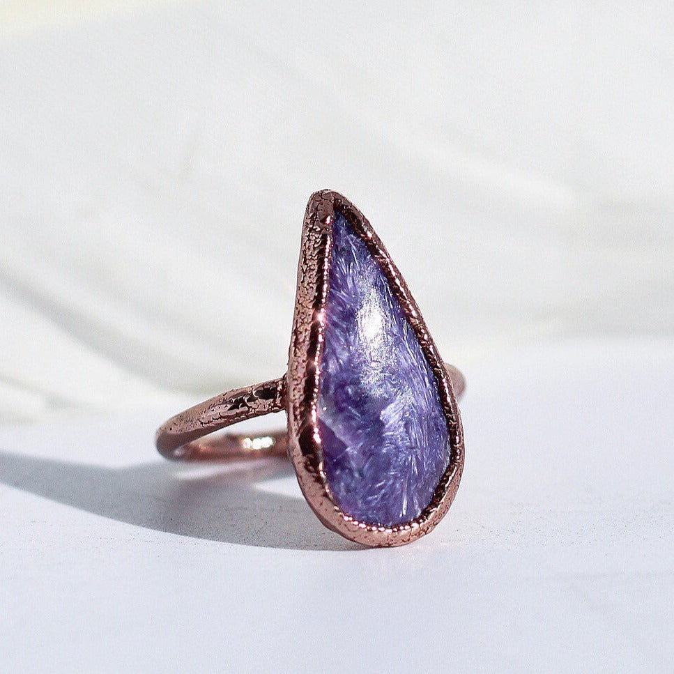 Charoite Ring, Charoite Crystal Ring, Charoite Jewelry, Natural Charoite Stone, Purple Teardrop Stone Ring, Crown Chakra Ring, Copper Ring