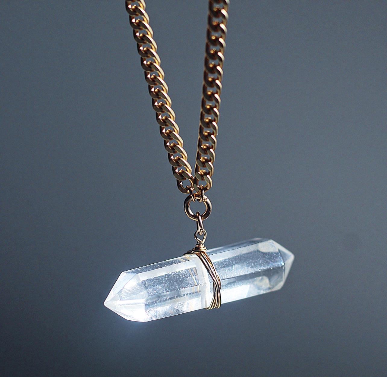 Crystal Quartz Bar Necklace, Chunky Quartz Necklace, Double Terminated Crystal Necklace, 14k Gold Crystal Necklace, Gift for Her