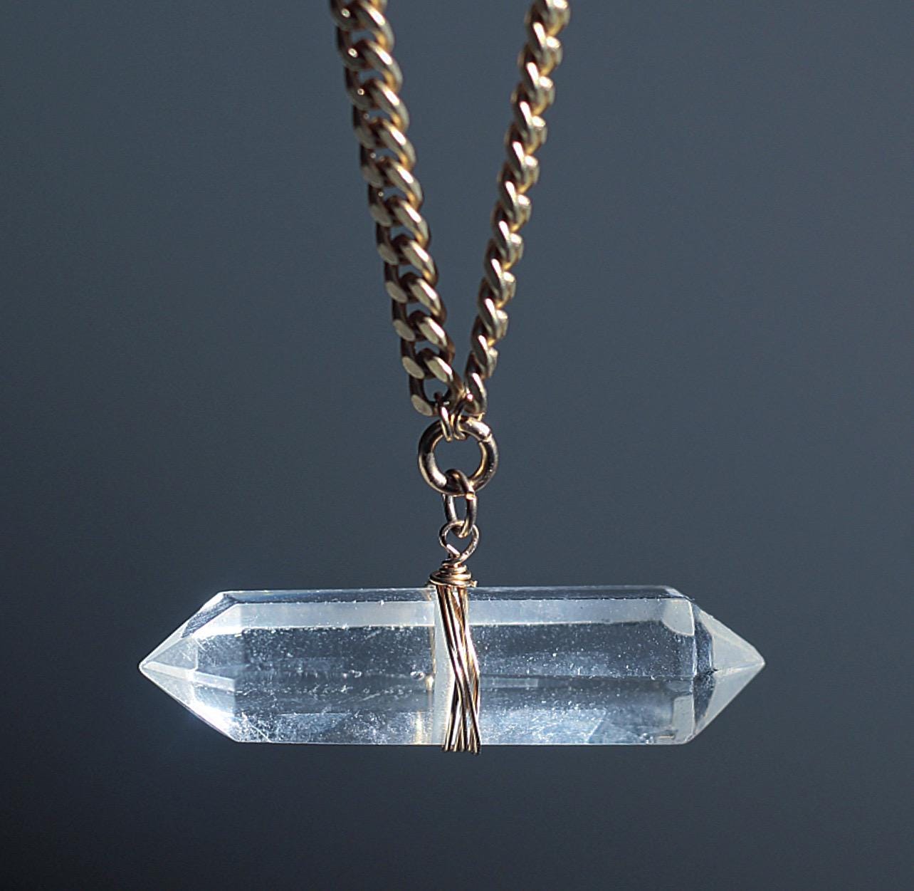 Crystal Quartz Bar Necklace, Chunky Quartz Necklace, Double Terminated Crystal Necklace, 14k Gold Crystal Necklace, Gift for Her