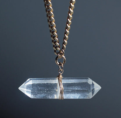 Crystal Quartz Bar Necklace, Chunky Quartz Necklace, Double Terminated Crystal Necklace, 14k Gold Crystal Necklace, Gift for Her