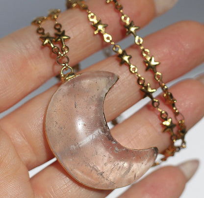 Crystal Moon Necklace, Moon Pendant, Electroformed Jewelry, Genuine Quartz Pendant, Star Chain Necklace, Celestial Jewelry, Genuine Crystal