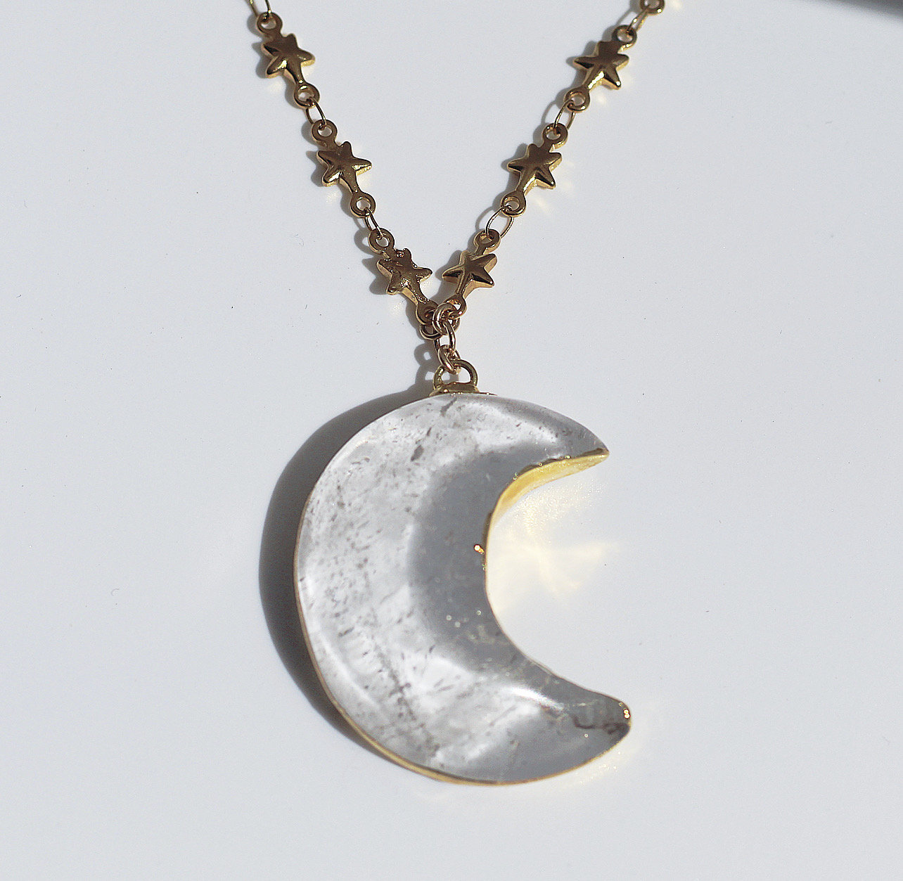 Crystal Moon Necklace, Moon Pendant, Electroformed Jewelry, Genuine Quartz Pendant, Star Chain Necklace, Celestial Jewelry, Genuine Crystal