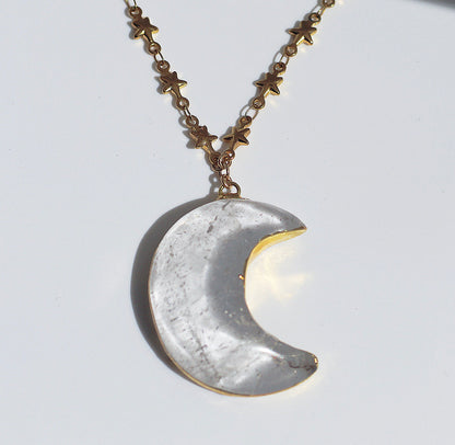 Crystal Moon Necklace, Moon Pendant, Electroformed Jewelry, Genuine Quartz Pendant, Star Chain Necklace, Celestial Jewelry, Genuine Crystal