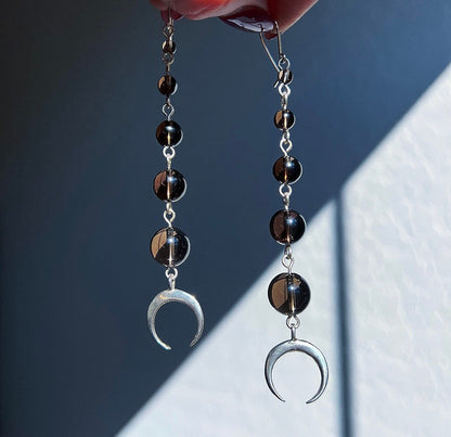 Crystal Quartz Ball Earrings Dangling Crescent Moon, Moon Phase Earrings, Long Crystal Earrings, Crescent Moon Jewelry, Zodiac Earrings