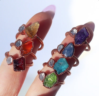 Custom Chakra Gemstone Ring, Rainbow Ring, Raw Stone Chakra Ring, Meditation Ring, Yoga Jewelry, Chakra Balancing Ring, Yoga Gifts for Women