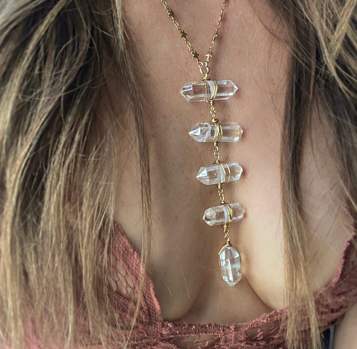 Clear Quartz Crystal Shield Necklace- Unique Star Chain- Handcrafted Gold/ Silver Electroformed Chunky Crystal Pendant Gold