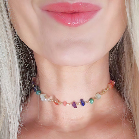 Chakra gemstone choker necklace with delicate wire wrapping 
