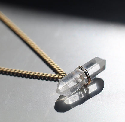 Crystal Quartz Bar Necklace, Chunky Quartz Necklace, Double Terminated Crystal Necklace, 14k Gold Crystal Necklace, Gift for Her