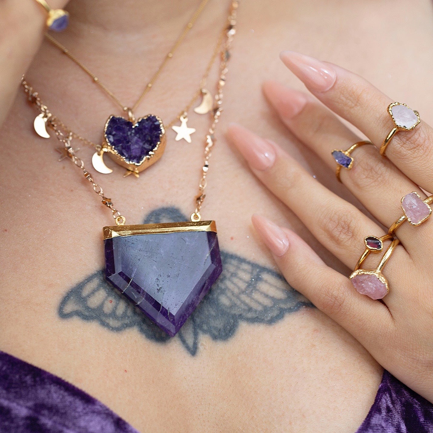 Amethyst crystal shield necklace with star chain- handcrafted gold/ silver  electroformed jewelry- uniquely faceted chunky amethyst point pendant –  Buddha Blossom Jewels