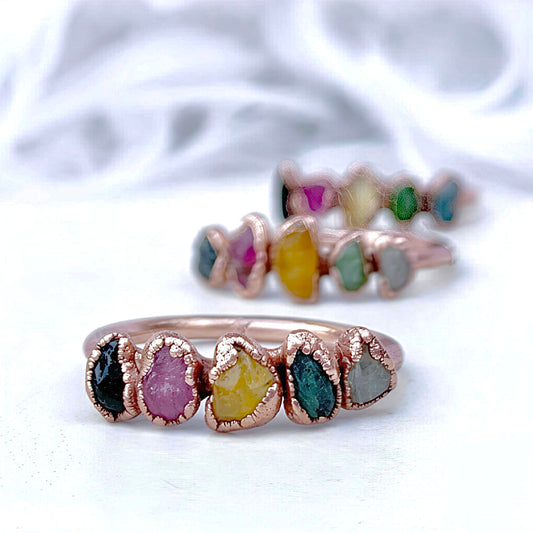 Multi Stone Tourmaline Rainbow Stacking Ring on a copper band 