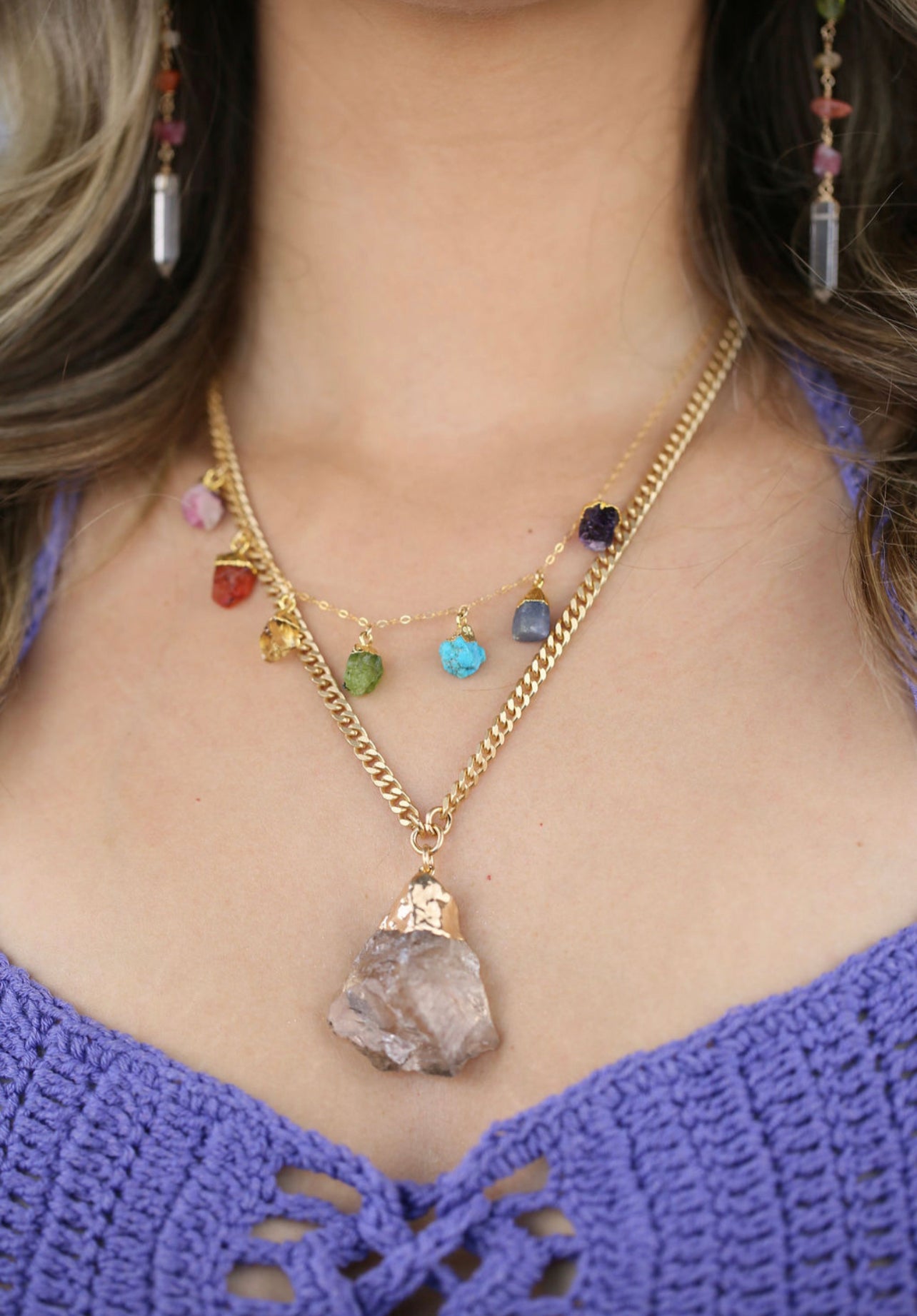 Chakra Stones on Quartz Crystal Point Pendant Necklace - Choose