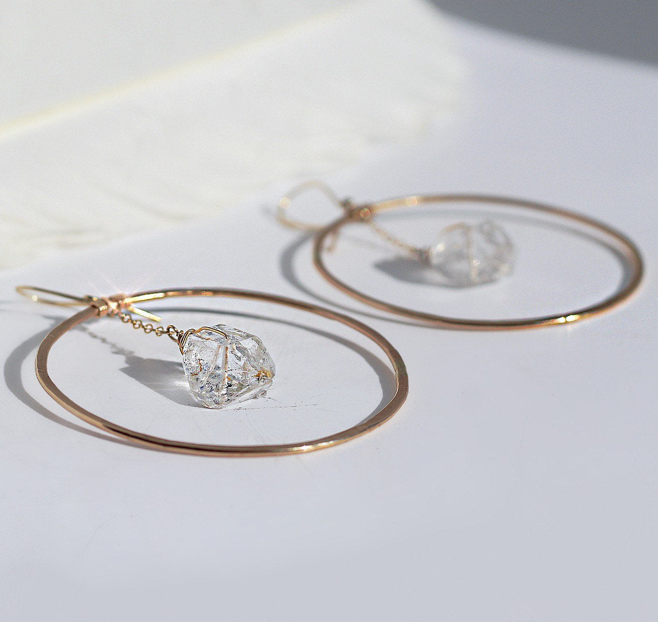 Big Boho Hoops, Handmade Hammered Hoops, Gold Filled Hoop Earrings, Herkimer Diamond Hoops, Gemstone Earrings, Raw Crystal Carrings