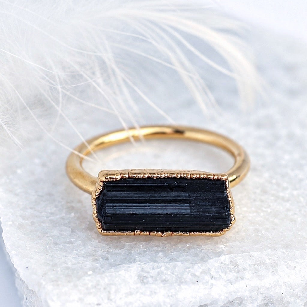 Black Tourmaline Horizontal Bar Ring in Gold