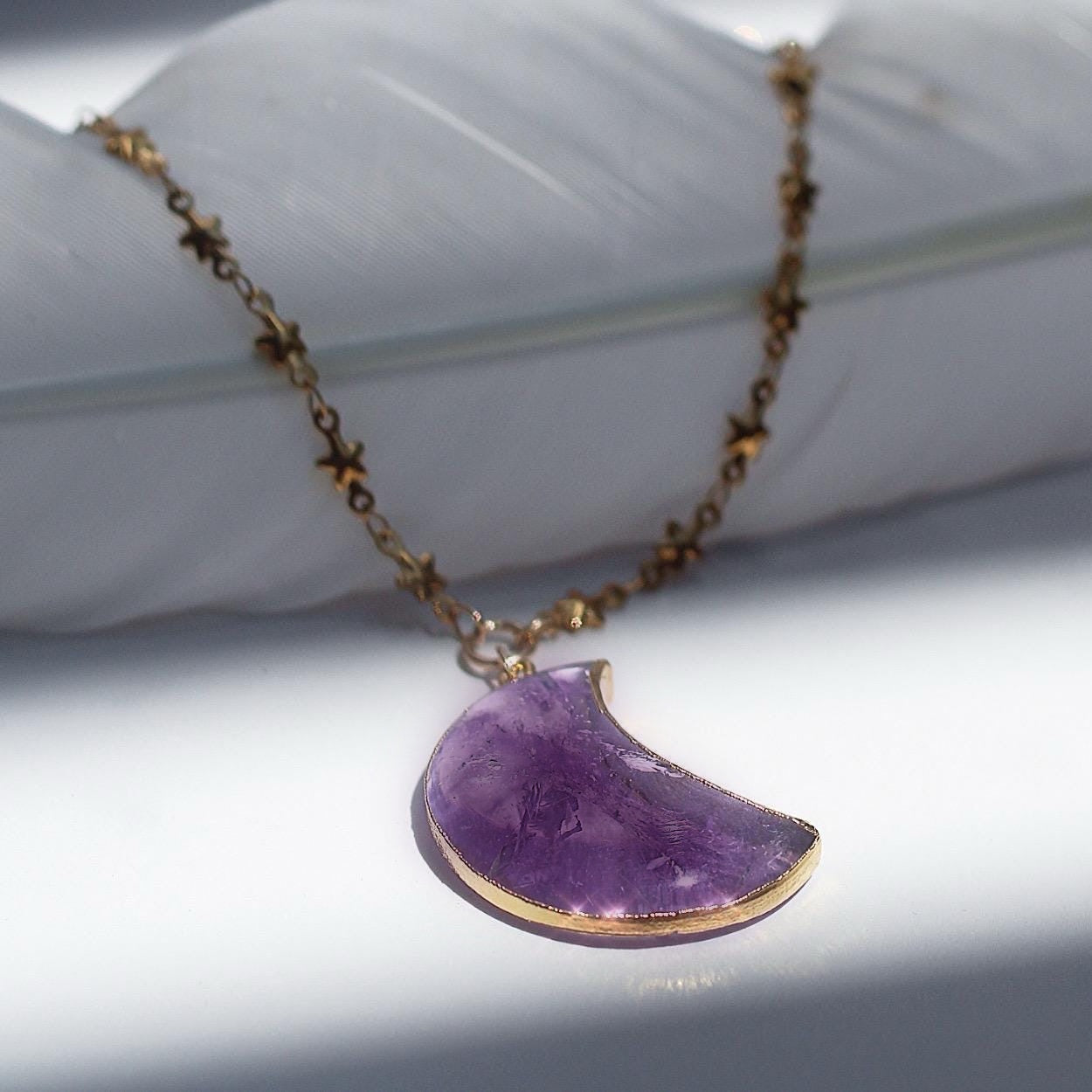 Amethyst Big Moon Pendant on Star Link Chain in Gold or Silver