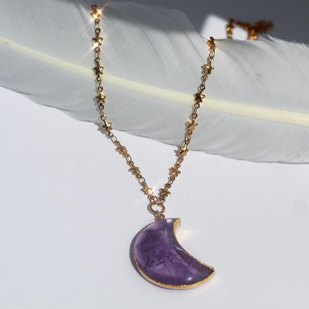 Amethyst Big Moon Pendant on Star Link Chain in Gold or Silver