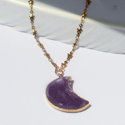 Amethyst Big Moon Pendant on Star Link Chain in Gold or Silver