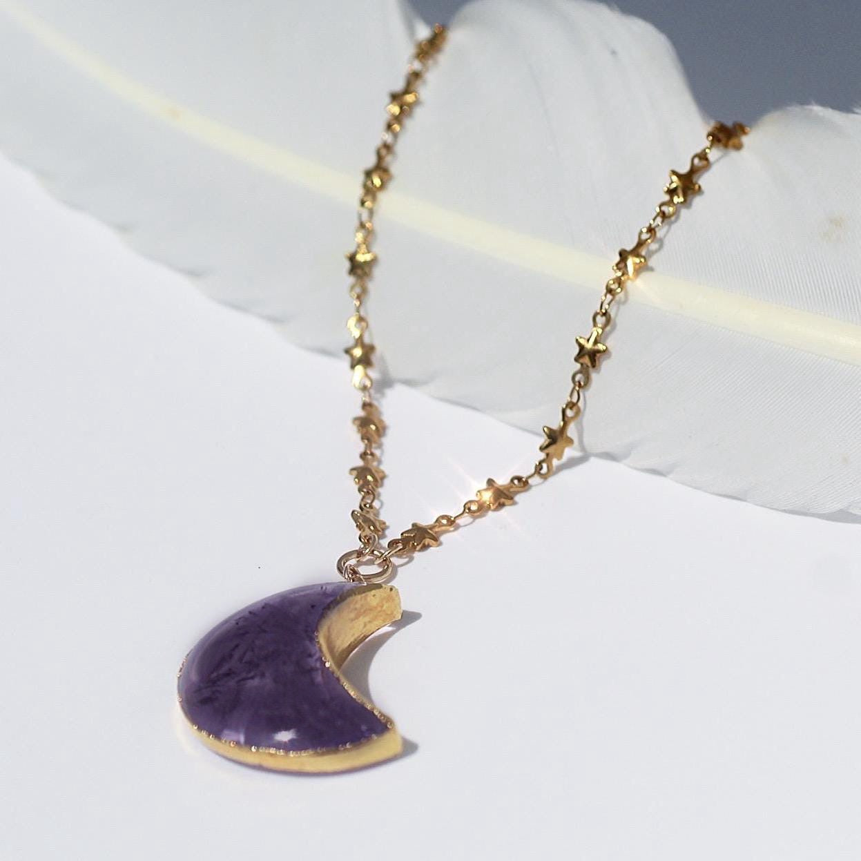 Amethyst Big Moon Pendant on Star Link Chain in Gold or Silver