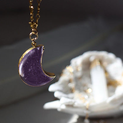 Amethyst Big Moon Pendant on Star Link Chain in Gold or Silver