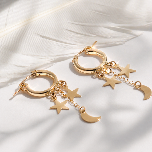 Moon and Star Dainty Celestial Huggie Hoops in 14k Gold Filled or Sterling Silver