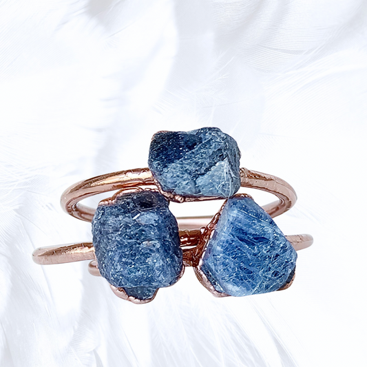 Raw sapphire stone rings set on copper bands