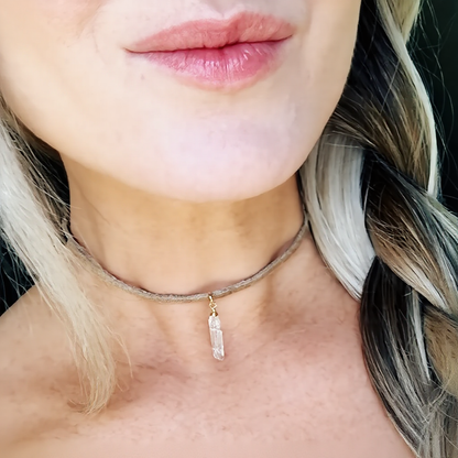 Crystal Choker on Tan Suede, Rose Quartz, Citrine, Amethyst, Crystal Quartz