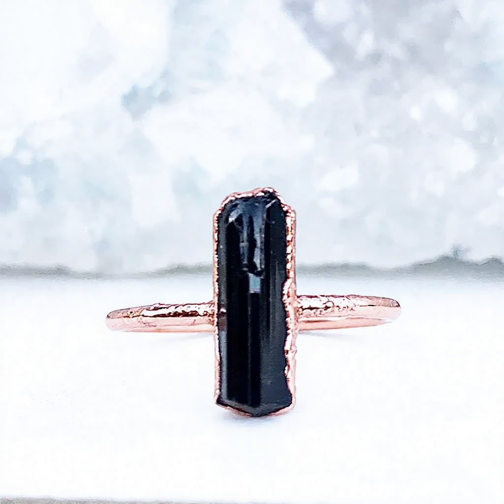 Black Crystal Delicate Copper Witchy Style Ring with Black Tourmaline on Dainty Copper Band with Organic Electroformed Setting