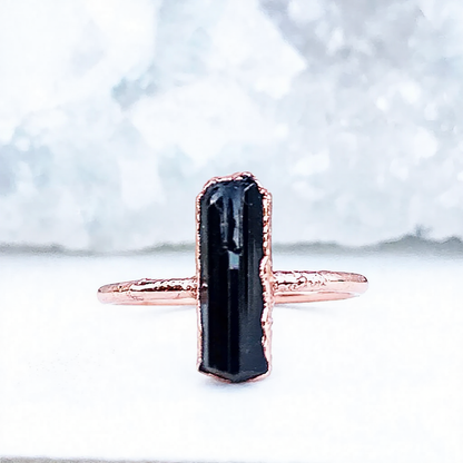 Black Crystal Delicate Copper Witchy Style Ring with Black Tourmaline on Dainty Copper Band with Organic Electroformed Setting