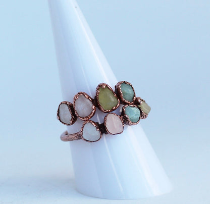 Raw Morganite Ring, Stackable Morganite Ring,  Multi Stone Beryl Ring, Unique Morganite Ring, Multicolor Beryl Ring, Pastel Gemstone Ring