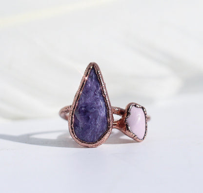 Charoite Ring, Charoite Crystal Ring, Charoite Jewelry, Natural Charoite Stone, Purple Teardrop Stone Ring, Crown Chakra Ring, Copper Ring