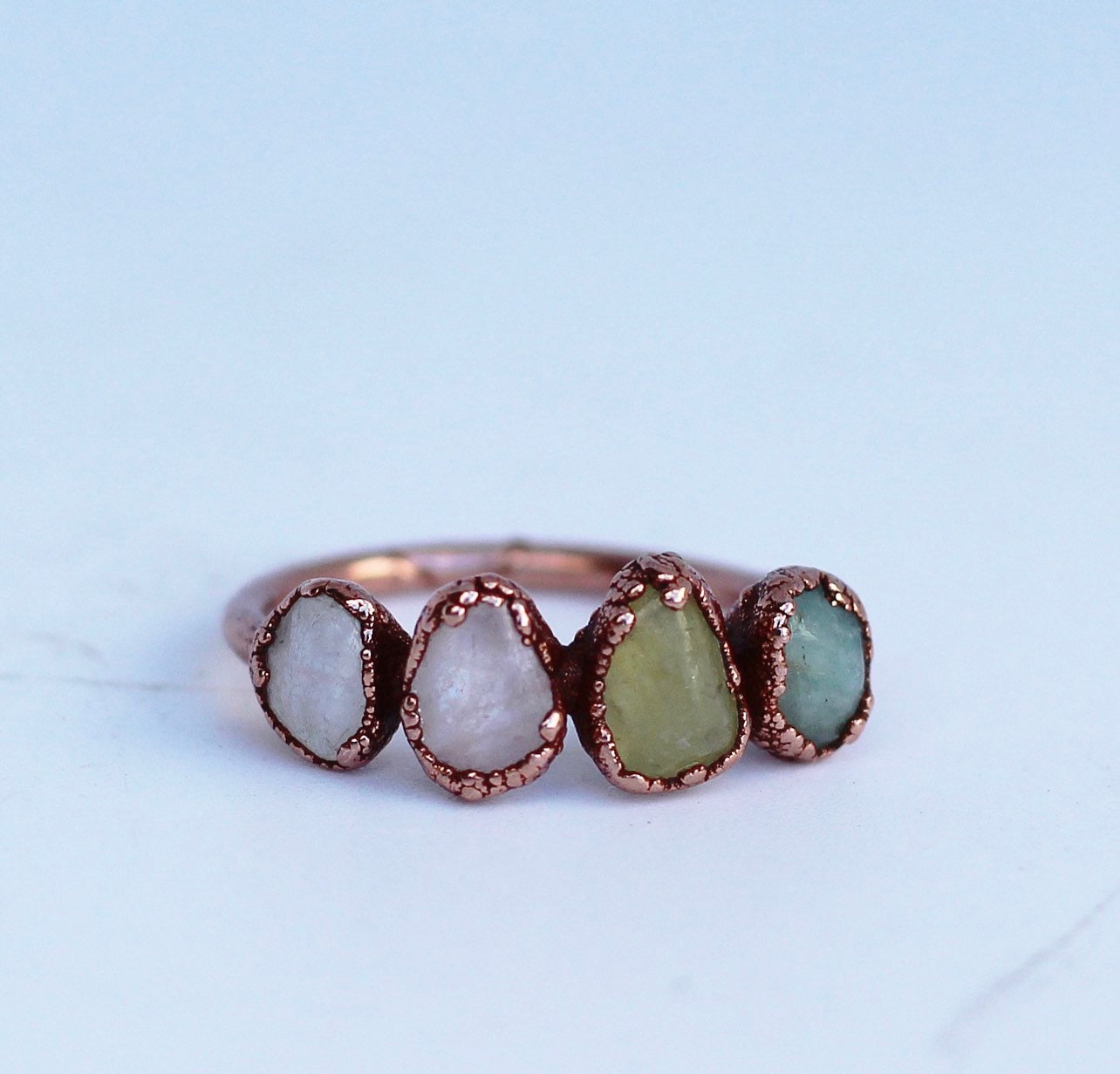 Raw Morganite Ring, Stackable Morganite Ring,  Multi Stone Beryl Ring, Unique Morganite Ring, Multicolor Beryl Ring, Pastel Gemstone Ring