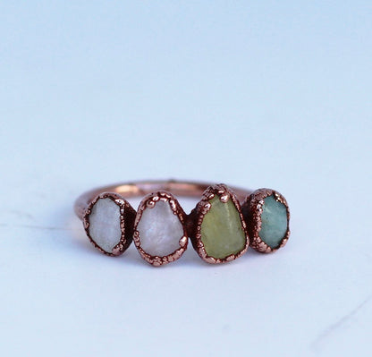 Raw Morganite Ring, Stackable Morganite Ring,  Multi Stone Beryl Ring, Unique Morganite Ring, Multicolor Beryl Ring, Pastel Gemstone Ring