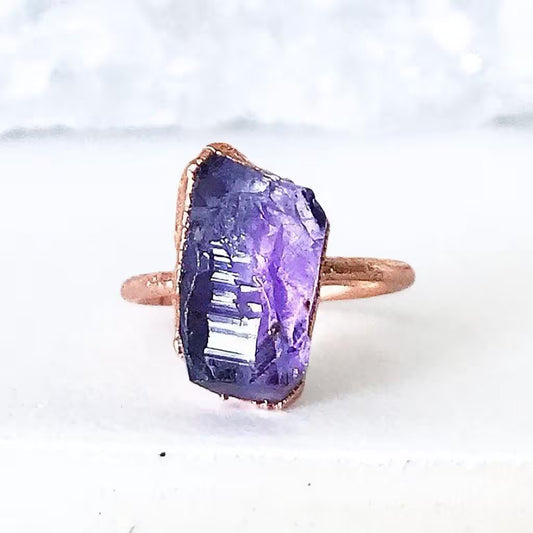 Raw Amethyst Gemstone Ring, Raw Crystal Ring, February Birthstone Ring, Raw Amethyst Ring, Healing Crystal Ring, Raw Crystal Rings, Copper
