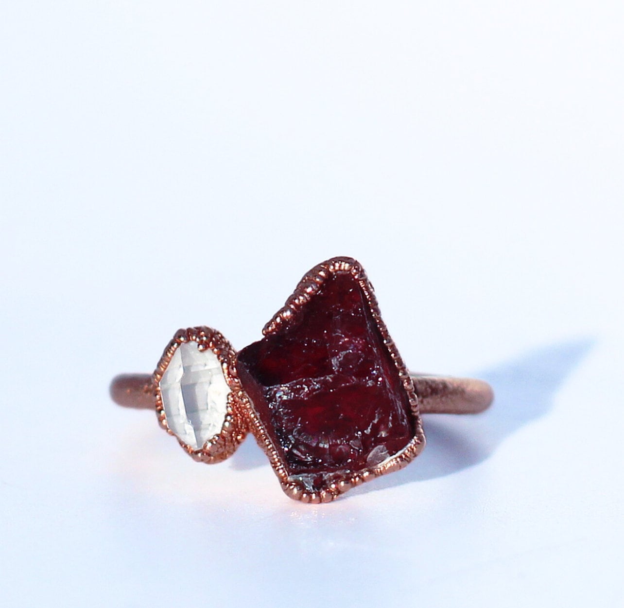 Root Chakra Garnet Ring, Root Chakra Jewelry, Red Stone Ring, Rough Garnet Ring, Garnet and Herkimer Diamond Ring, Muladhara Base Chakra