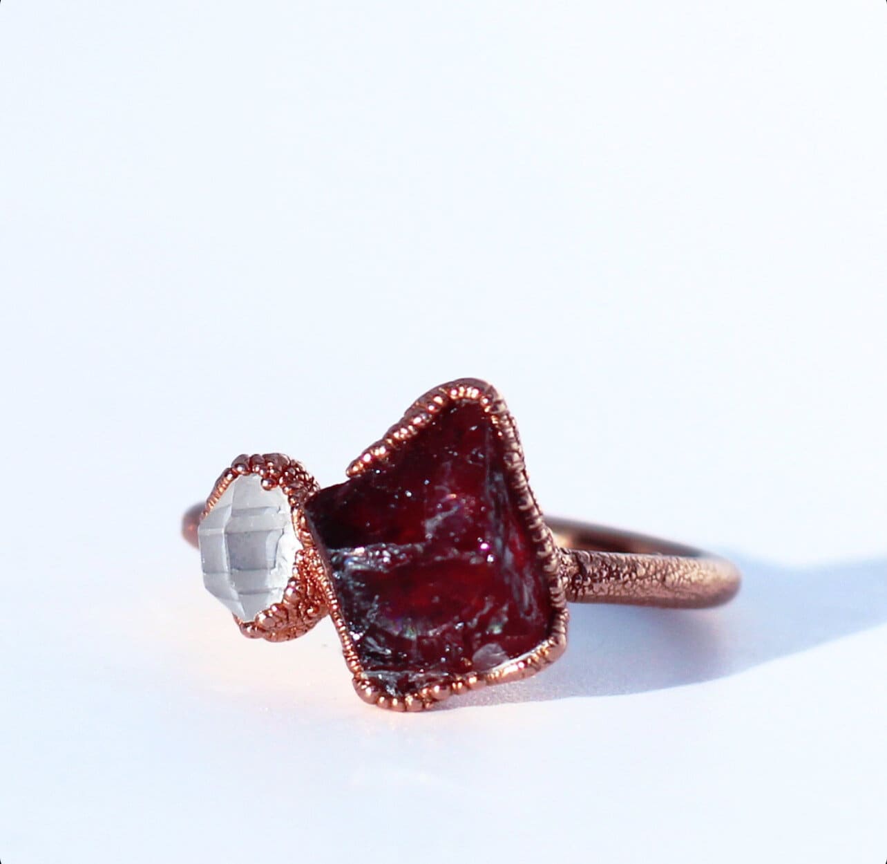 Root Chakra Garnet Ring, Root Chakra Jewelry, Red Stone Ring, Rough Garnet Ring, Garnet and Herkimer Diamond Ring, Muladhara Base Chakra