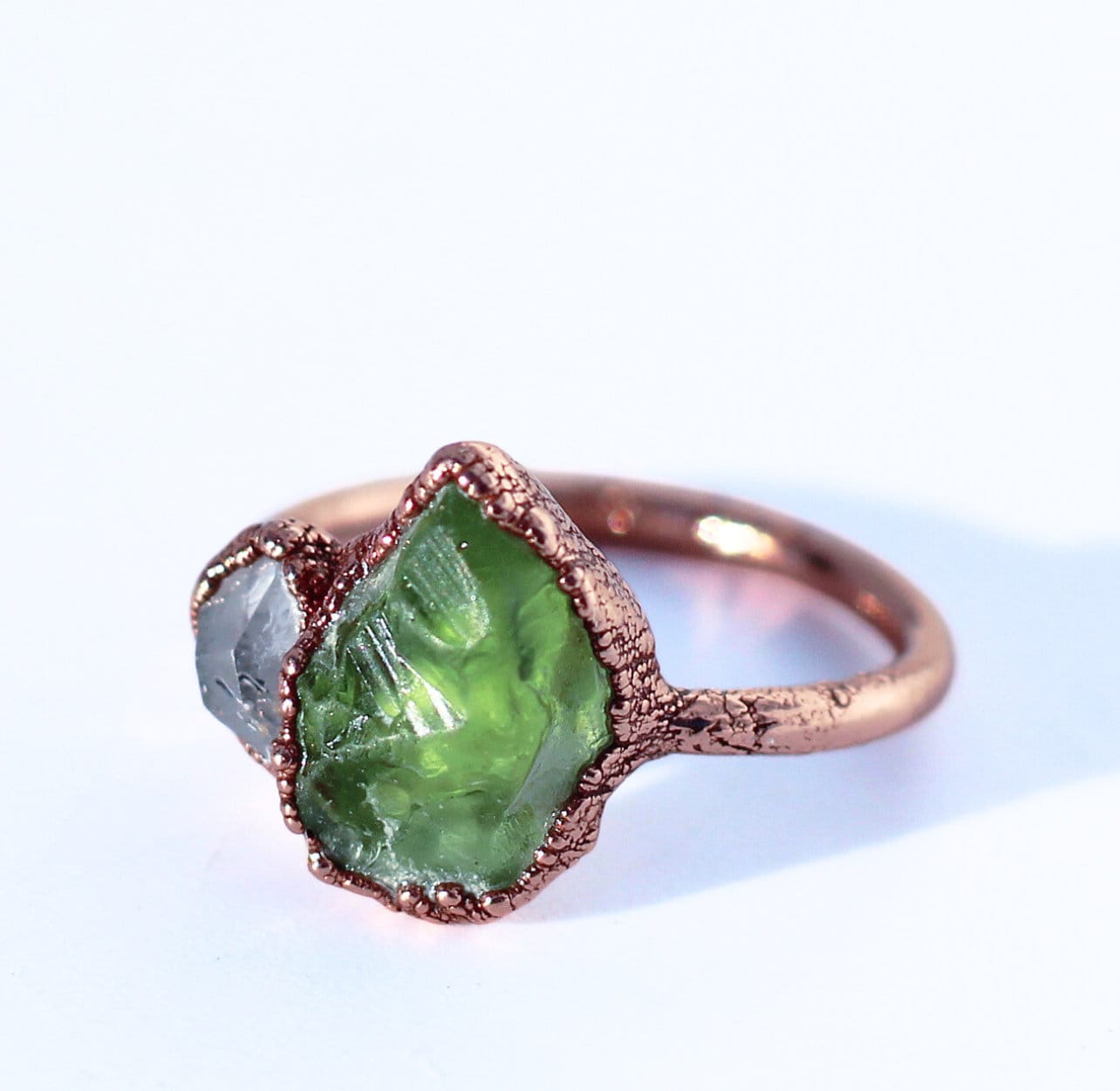 Heart Chakra Peridot Ring, Heart Chakra Jewelry, Green Stone Heart Chakra Ring, Rough Peridot Ring, Peridot and Herkimer Diamond Ring