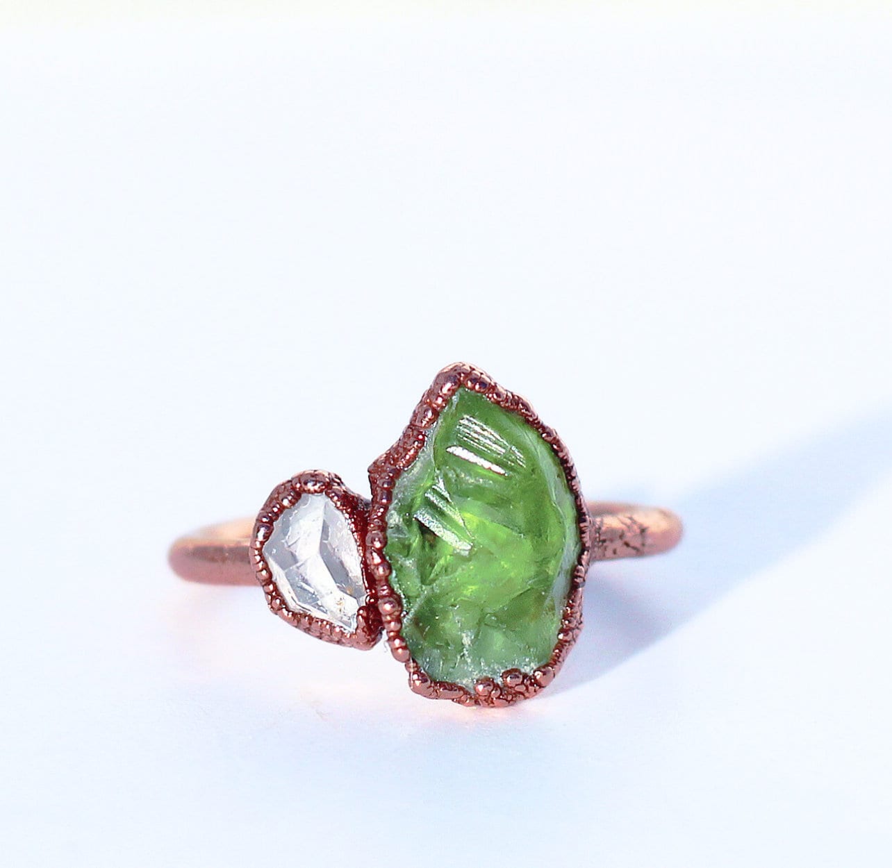 Heart Chakra Peridot Ring, Heart Chakra Jewelry, Green Stone Heart Chakra Ring, Rough Peridot Ring, Peridot and Herkimer Diamond Ring