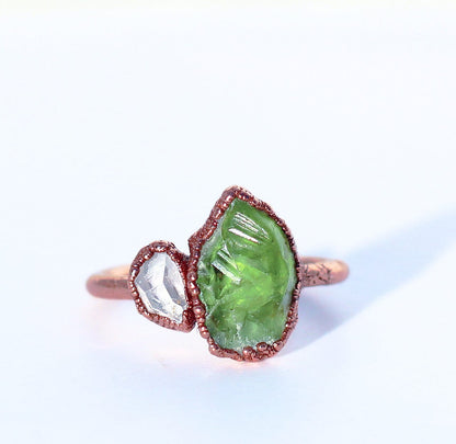 Heart Chakra Peridot Ring, Heart Chakra Jewelry, Green Stone Heart Chakra Ring, Rough Peridot Ring, Peridot and Herkimer Diamond Ring