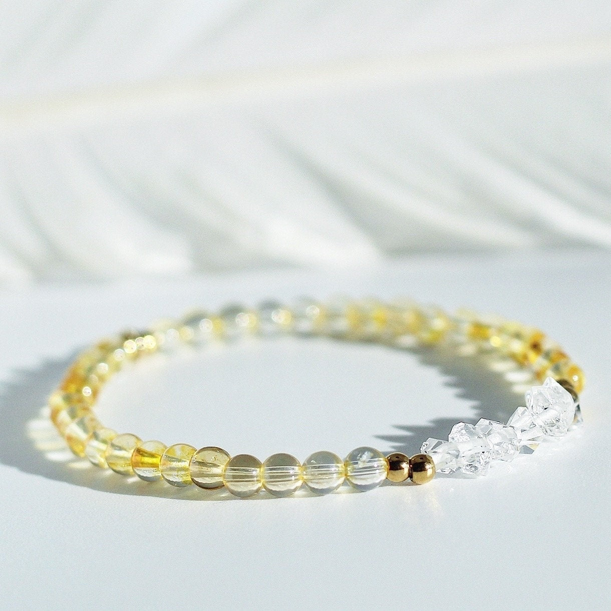 White Topaz and Herkimer Diamond Quartz Dainty Bracelet in 14K Gold Filled, Crystal Clear cheapest Gemstone Delicate Beaded Stacking Bracelet