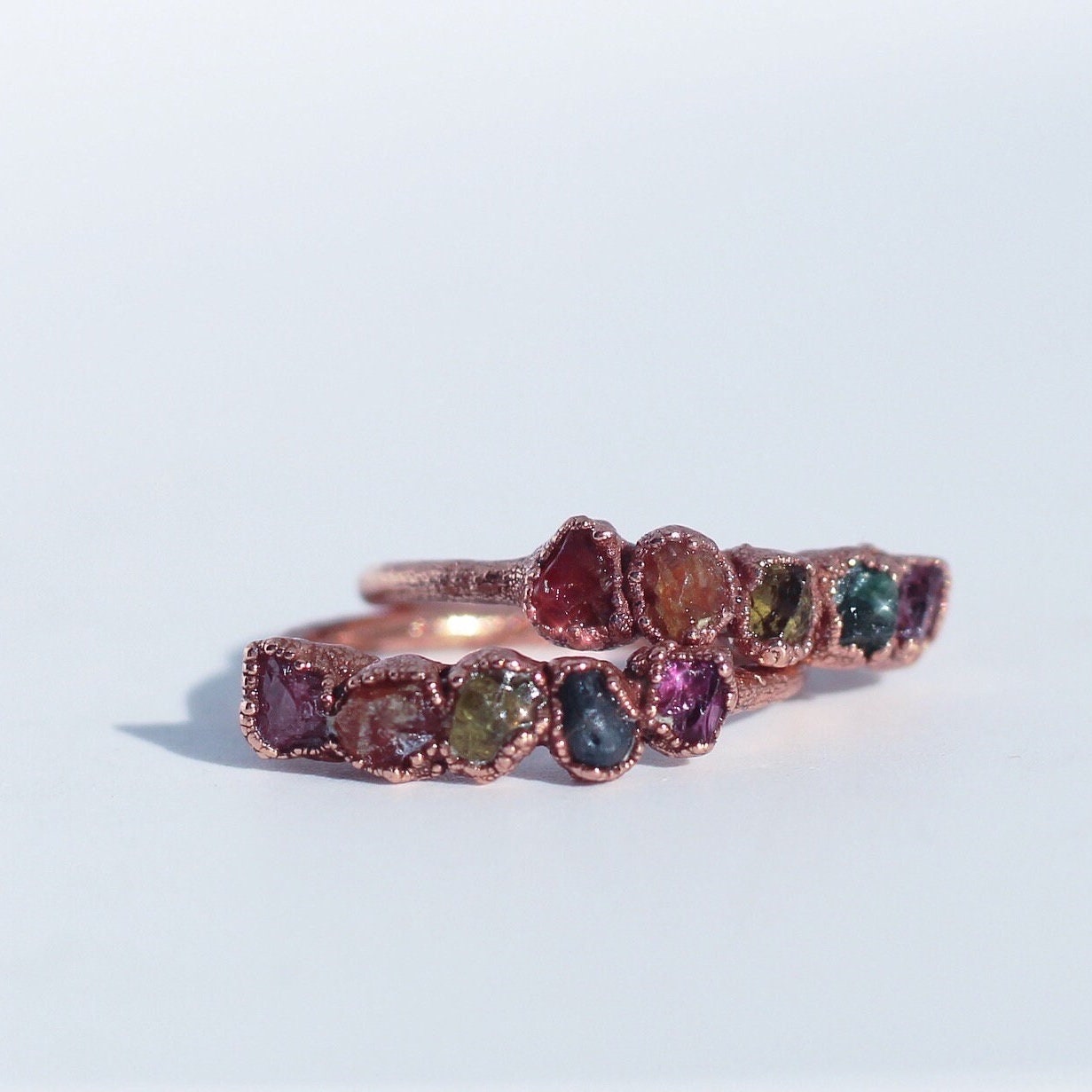 Multi Stone Sapphire Ring in Copper, Rainbow Sapphire Ring, September Raw Birthstone Ring, September Birthstone Ring, Rainbow Gemstone Ring