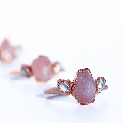 Raw Rose Quartz Herkimer Diamond Ring in Copper, Boho Style Crystal Ring, One of a Kind Rose Quartz Ring, Rustic Style Gemstone Ring