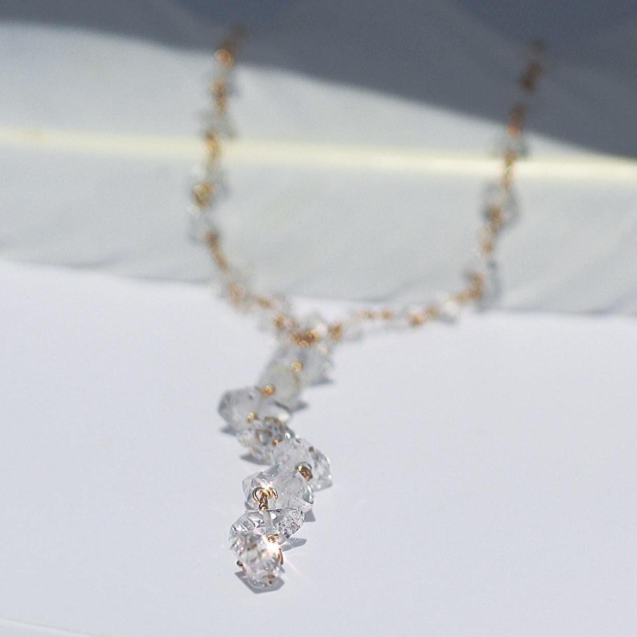 Herkimer Diamond Lariat Necklace, Boho Bridal Necklace, Deep V Necklace, Crystal Y Necklace, Rosary Chain Necklace, Boho Bride Jewelry