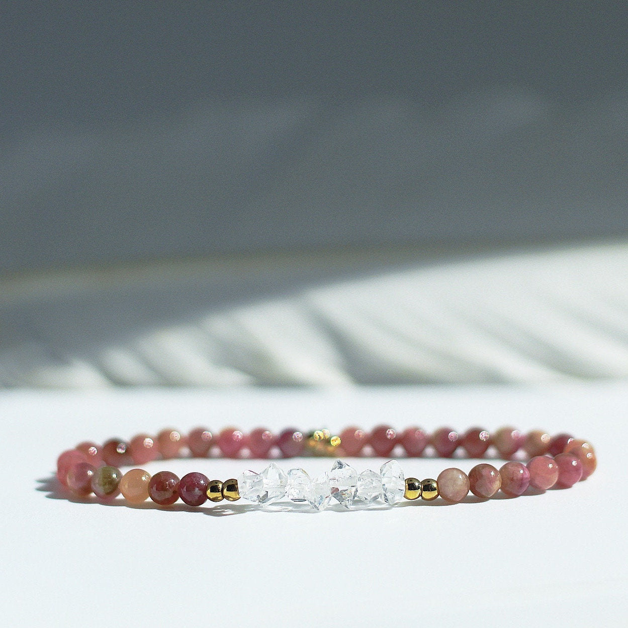 Natural Strawberry Quartz, Pink Rhodonite & store Raw Tourmaline Gemstone Bracelets